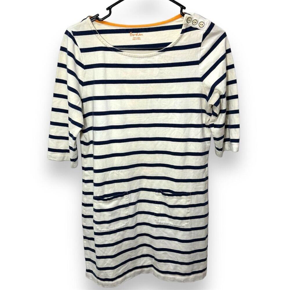 Boden Breton Dress Blue Striped 3/4 Sleeve Shoulder Buttons Front Pocket size 8